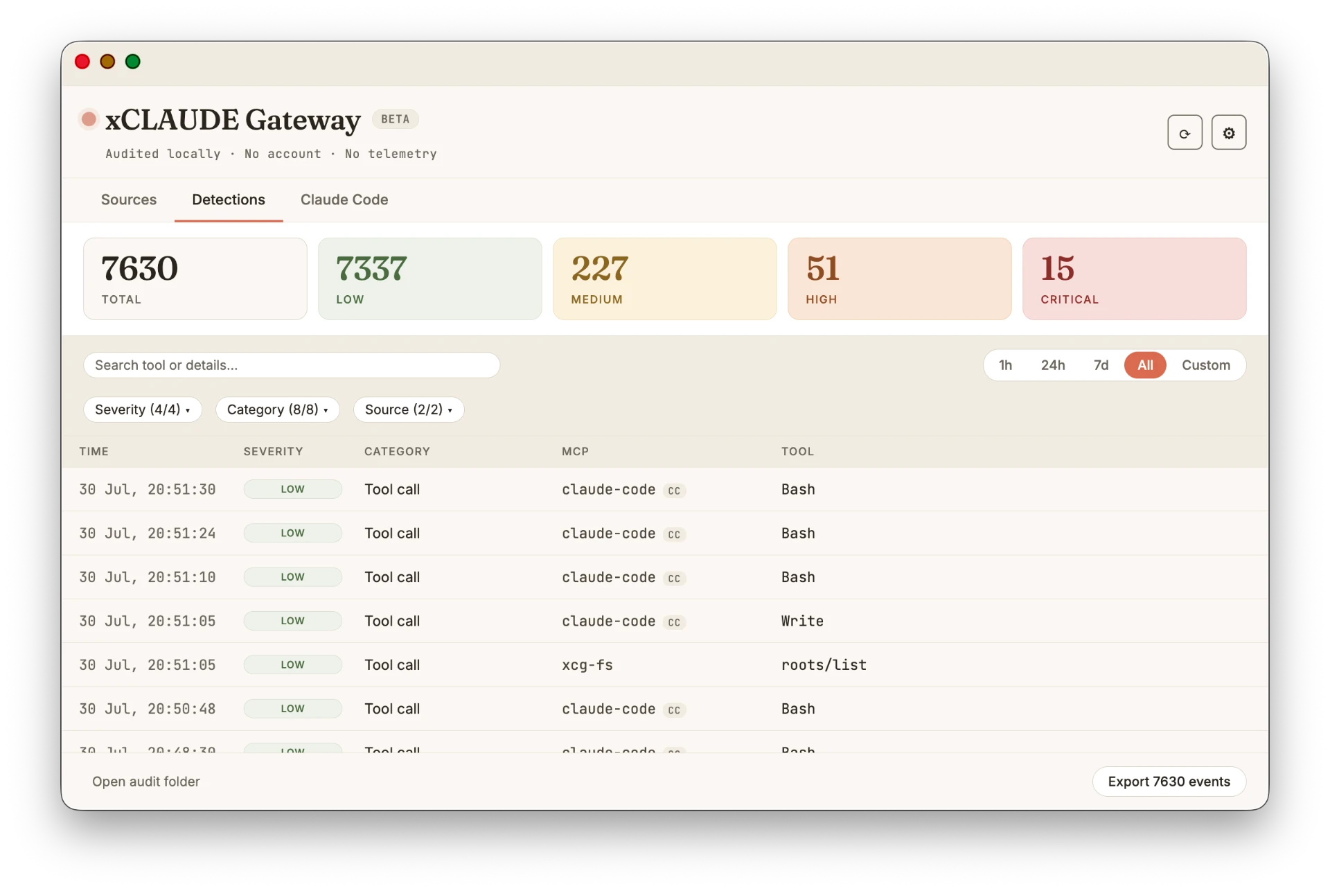 xCLAUDE Gateway — Detections view